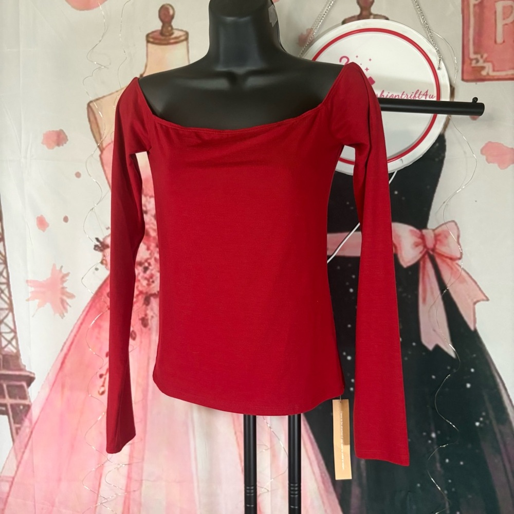 New Reformation-Style Red Top (Off-Shoulder Long Sleeve) Sz S - Picture 2 of 13